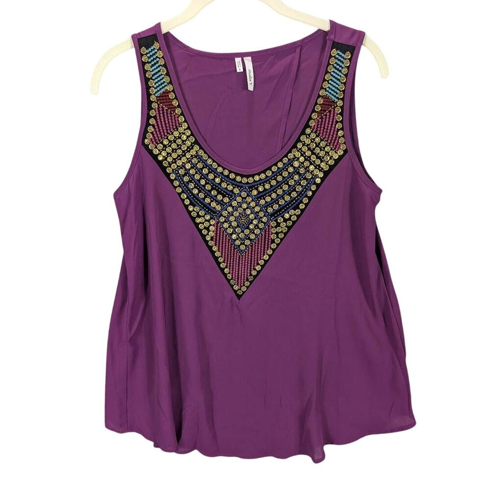 studio Y Tank Top Womens Small Purple Beaded Embroidered Flowy Open back READ